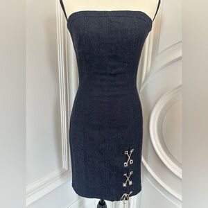 Y2K Strapless Cotton Denim Dress with Lace Up Detail on Thigh (Size Medium)